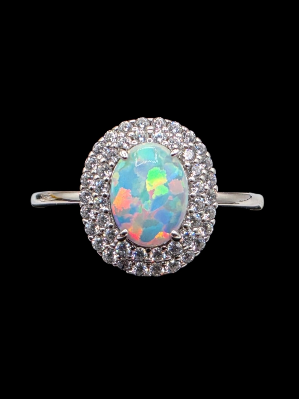Oval White Opal Halo Ring Solid 925 Sterling Silver Size 9